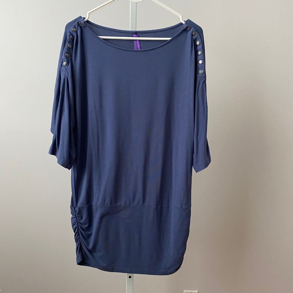 Seraphine‎ Maternity Boho 10 Blue Tunic Top Ruched Button Shoulder Dolman Sleeve